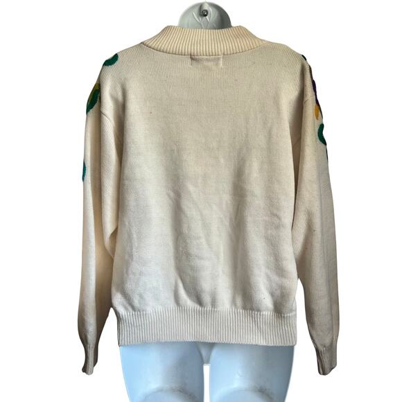 Vintage 80s Cream Shawl Collar Pink Green Embroidered Flower Knit Sweater size L - Picture 8 of 8